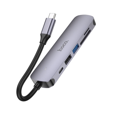 USB HUB разветвитель HOCO HB28 6 в 1 Type-C (m) - USB3.0 + USB2.0 + Type-C PD + HDMI + SD/TF, 14 см, серый металлик