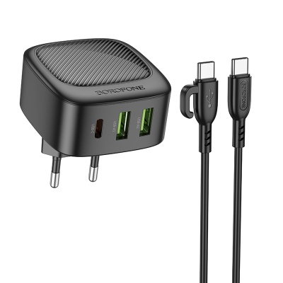 Сетевое зарядное устройство BOROFONE BAS23A Lucky 1xUSB + 2xUSB-C с Кабелем Type-C - Type-C, 3A, 30W, черный