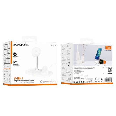Настольная зарядная станция BOROFONE BQ29 Feliz для iPhone+Airpods+Apple Watch с Кабелем USB - Type-C, 5W/7.5W/10W/15W, белый