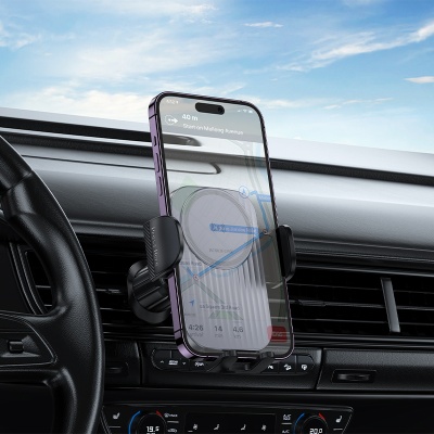 Автомобильный держатель BOROFONE BH221 Path, зажимной с беспроводной зарядкой, 15W, на воздуховод, черный+серый металлик