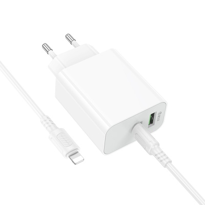Сетевое зарядное устройство BOROFONE BA106A Stellar 1xUSB + 1xUSB-C с Кабелем Type-C - Lightning, 3A, 20W, белый