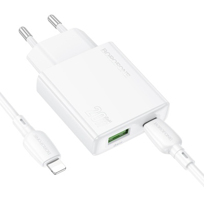 Сетевое зарядное устройство BOROFONE BN24 Wish 1xUSB + 1xUSB-C с Кабелем Type-C - Lightning, 3A, 20W, белый