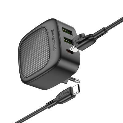 Сетевое зарядное устройство BOROFONE BAS23A Lucky 1xUSB + 2xUSB-C с Кабелем Type-C - Type-C, 3A, 30W, черный