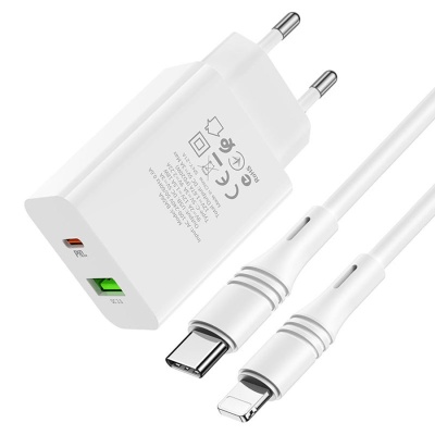 Сетевое зарядное устройство BOROFONE BA56A Lavida 1xUSB + 1xUSB-C с Кабелем Type-C - Lightning, 3.0A, 18W, белый