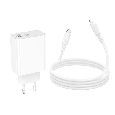 Сетевое зарядное устройство BOROFONE BA108A Stellar 1xUSB + 1xUSB-C с Кабелем Type-C - Lightning, 3A, 30W, белый
