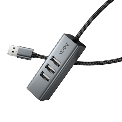 USB HUB разветвитель HOCO HB1D 4 в 1 USB (m) - 3xUSB2.0 (f) + RJ45 (f), 1 м, серый металлик