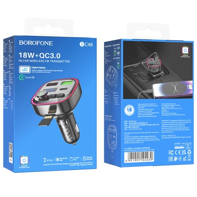 Автомобильное зарядное устройство с FM-Трансмиттер BOROFONE BC48 Broad, 2xUSB + 1xUSB-C, 3A, 18W, черный