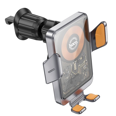 Автомобильный держатель HOCO HW7 Transparent, зажимной с беспроводной зарядкой, 15W, на воздуховод, серый металлик