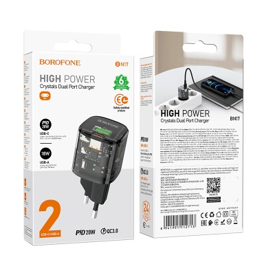 Сетевое зарядное устройство BOROFONE BN17 Sunlight 1xUSB + 1xUSB-C, 3A, 20W, прозрачный черный
