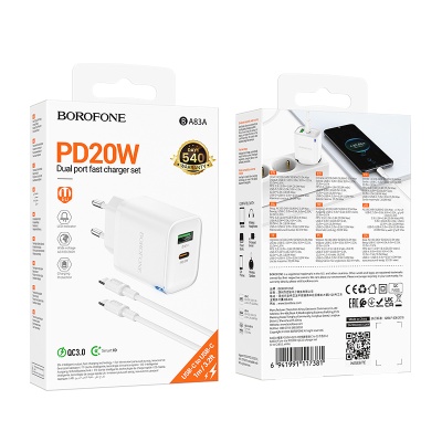 Сетевое зарядное устройство BOROFONE BA83A Flare star 1xUSB + 1xUSB-C с Кабелем Type-C - Type-C, 3A, 20W, белый