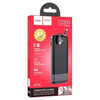 Портативный аккумулятор HOCO J114 Charger, встроенный кабель Lightning + Type-C + MircoUSB, 10000 мА⋅ч, черный