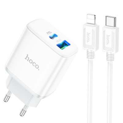 Сетевое зарядное устройство HOCO C105A Stage 1xUSB + 1xUSB-C с Кабелем Type-C - Lightning, 3A, 20W, белый
