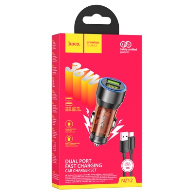 Автомобильное зарядное устройство HOCO NZ12 Prosperity, 2xUSB с Кабелем USB - Type-C, 36W, оранжевый