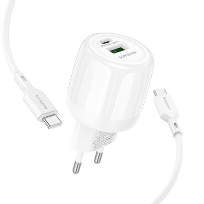 Сетевое зарядное устройство BOROFONE BA94A Lustrous 1xUSB + 1xUSB-C с Кабелем Type-C - Type-C, 3A, 30W, белый