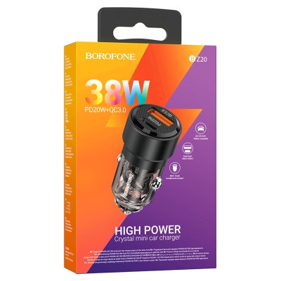 Автомобильное зарядное устройство BOROFONE BZ20 Smart, 1xUSB + 1xUSB-C, 38W, черный