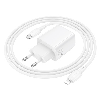 Сетевое зарядное устройство BOROFONE BN27 Fuente 1xUSB + 1xUSB-C с Кабелем Type-C - Lightning, 3A, 20W, белый