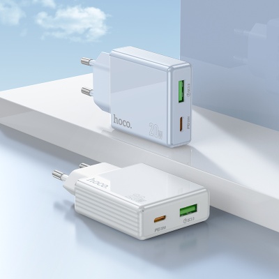 Сетевое зарядное устройство HOCO C142A Direct 1xUSB + 1xUSB-C с Кабелем Type-C - Type-C, 3A, 20W, белый