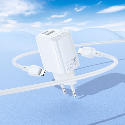 Сетевое зарядное устройство BOROFONE BN29 Fuente 1xUSB + 1xUSB-C с Кабелем Type-C - Lightning, 3A, 30W, белый