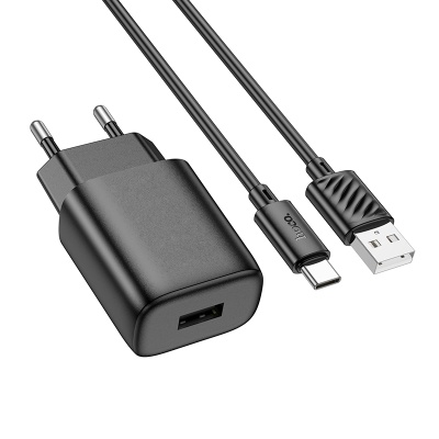 Сетевое зарядное устройство HOCO C134A Solid 1xUSB с Кабелем USB - Type-C, 2.4A, черный