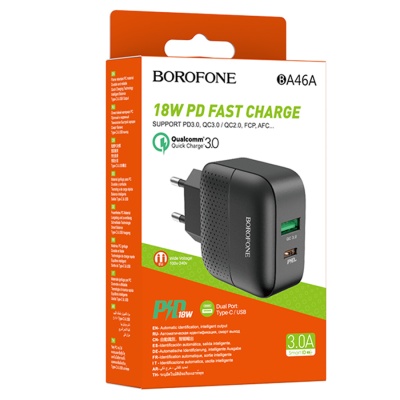 Сетевое зарядное устройство BOROFONE BA46A Premium 1xUSB + 1xUSB-C, 3A, 18W, черный