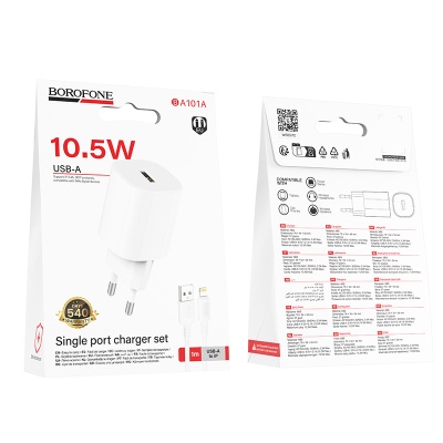Сетевое зарядное устройство BOROFONE BA101A Pudding 1xUSB с Кабелем USB - Lightning, 2.1A, белый