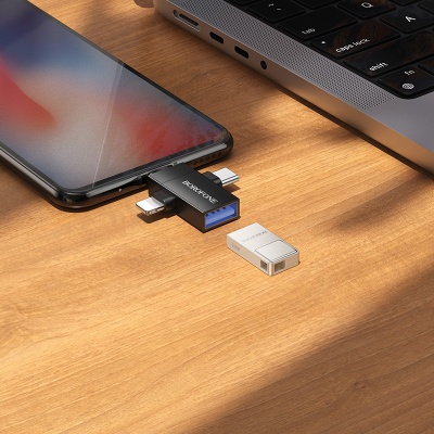 Переходник/Адаптер BOROFONE BV26D 3 в 1 Type-C (m) / Lightning (m) / Micro (m) - USB2.0 (f), черный
