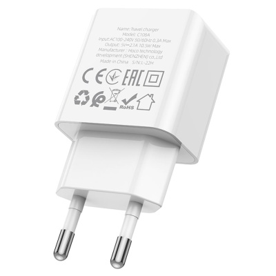 Сетевое зарядное устройство HOCO C106A 1xUSB, 2.1A, 10.5W, белый