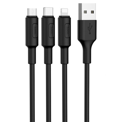 Кабель USB HOCO X25 Soarer 3 в 1 USB - Type-C + Lightning + MicroUSB, 2А, 1 м, черный