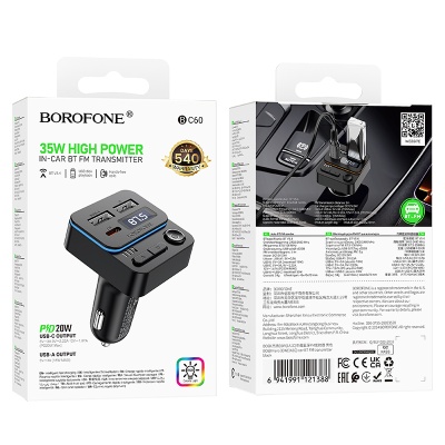 Автомобильное зарядное устройство с FM-Трансмиттер BOROFONE BC60 Hero, 2xUSB + 1xUSB-C, 3A, 35W, черный