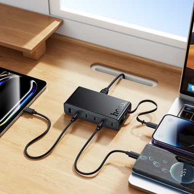 Сетевое зарядное устройство HOCO C151A Modern 1xUSB + 6xUSB-C с Кабелем Type-C, 3A, 70W, черный