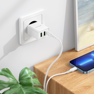 Сетевое зарядное устройство BOROFONE BA70A Quick 2xUSB + 1xUSB-C с Кабелем Type-C - Lightning, 3A, 20W, белый