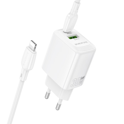 Сетевое зарядное устройство BOROFONE BN29 Fuente 1xUSB + 1xUSB-C с Кабелем Type-C - Lightning, 3A, 30W, белый