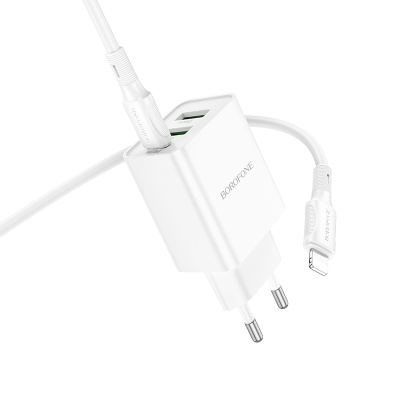 Сетевое зарядное устройство BOROFONE BA70A Quick 2xUSB + 1xUSB-C с Кабелем Type-C - Lightning, 3A, 20W, белый