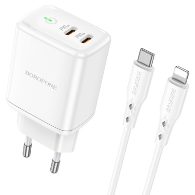 Сетевое зарядное устройство BOROFONE BN9 Reacher 2xUSB-C с Кабелем Type-C - Lightning, 35W, белый