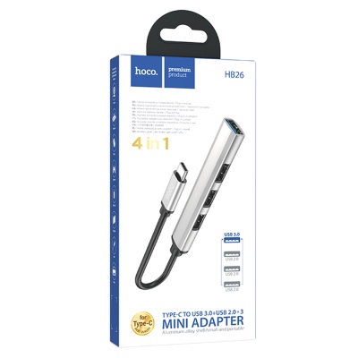 USB HUB разветвитель HOCO HB26 4 в 1 Type-C (m) - USB3.0 (f) + 3xUSB2.0 (f), серебристый