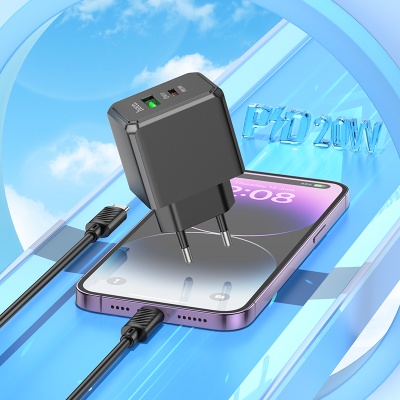 Сетевое зарядное устройство HOCO CS14A Ocean 1xUSB + 1xUSB-C с Кабелем Type-C - Lightning, 3A, 20W, черный