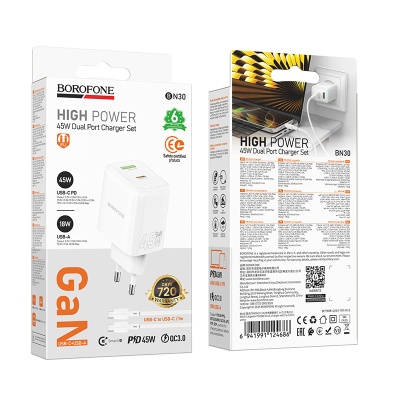 Сетевое зарядное устройство BOROFONE BN30 Cargador 1xUSB + 1xUSB-C с Кабелем Type-C - Type-C, 45W, белый