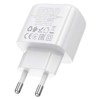 Сетевое зарядное устройство BOROFONE BAS45A Potential 1xUSB + 1xUSB-C, 3A, 30W, белый