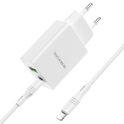 Сетевое зарядное устройство BOROFONE BA56A Lavida 1xUSB + 1xUSB-C с Кабелем Type-C - Lightning, 3.0A, 18W, белый