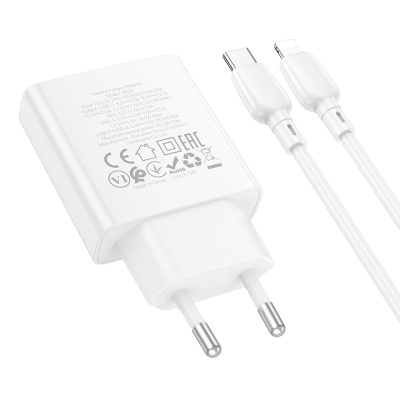 Сетевое зарядное устройство BOROFONE BN24 Wish 1xUSB + 1xUSB-C с Кабелем Type-C - Lightning, 3A, 20W, белый