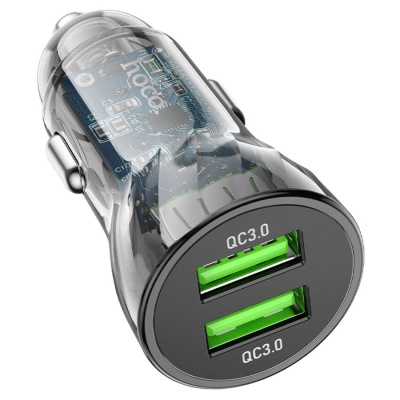 Автомобильное зарядное устройство HOCO Z47 Transparent Discovery, 2xUSB с Кабелем USB - Type-C, 3A, 20W, темно-прозрачный