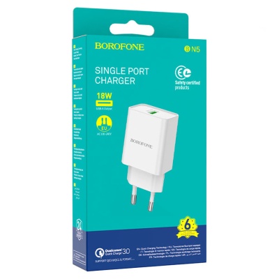 Сетевое зарядное устройство BOROFONE BN5 Jingrui single 1xUSB, 3.0A, 18W, белый