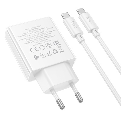 Сетевое зарядное устройство HOCO C142A Direct 1xUSB + 1xUSB-C с Кабелем Type-C - Type-C, 3A, 20W, белый