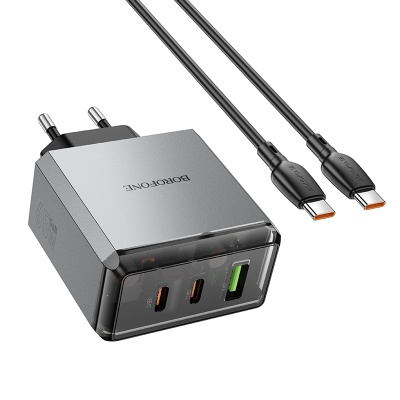 Сетевое зарядное устройство BOROFONE BN22 Lena 1xUSB + 2xUSB-C с Кабелем Type-C - Type-C, 3A, 65W, серый металлик