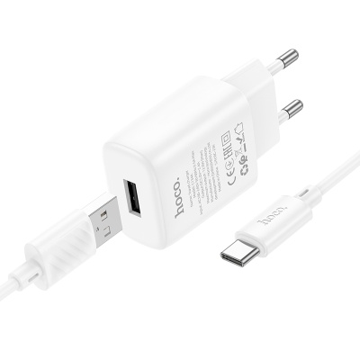 Сетевое зарядное устройство HOCO C134A Solid 1xUSB с Кабелем USB - Type-C, 2.4A, белый