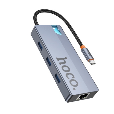 Переходник/Адаптер HOCO HB51 Wow 6 в 1 Type-C (m) - 3xUSB3.0 + Type-C PD + HDMI + RJ45, 19 см, серый металлик