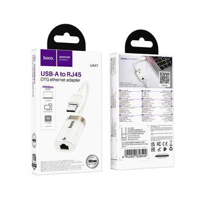 Переходник/Адаптер HOCO UA41 Crystal USB (m) - RJ45 (f), 15 см, белый