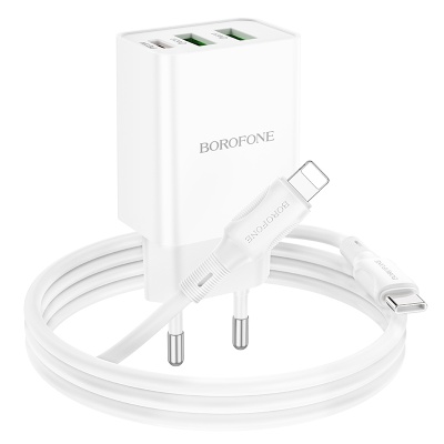 Сетевое зарядное устройство BOROFONE BA70A Quick 2xUSB + 1xUSB-C с Кабелем Type-C - Lightning, 3A, 20W, белый