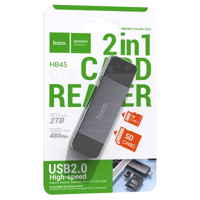 Переходник/Адаптер HOCO HB45 Spirit 2 в 1 USB2.0 (m) / Type-C (m) - TF/SD, черный