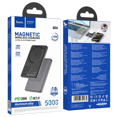 Портативный аккумулятор HOCO Q26 Joy, с беспроводной зарядкой, 20W, 5000 мА⋅ч, серый металлик